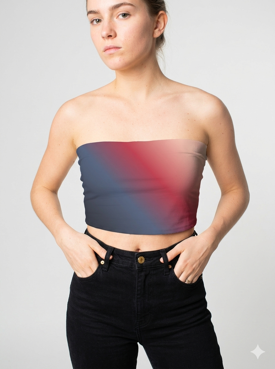 A strapless tube top with a smooth diagonal gradient blending deep navy, rich red, and soft beige tones for a bold, modern look.