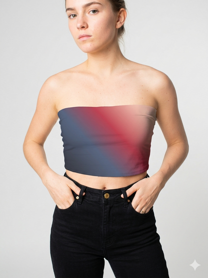 A strapless tube top with a smooth diagonal gradient blending deep navy, rich red, and soft beige tones for a bold, modern look.