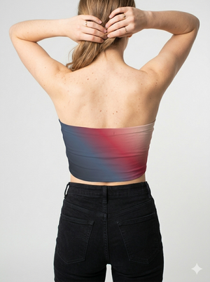 A strapless tube top with a smooth diagonal gradient blending deep navy, rich red, and soft beige tones for a bold, modern look.