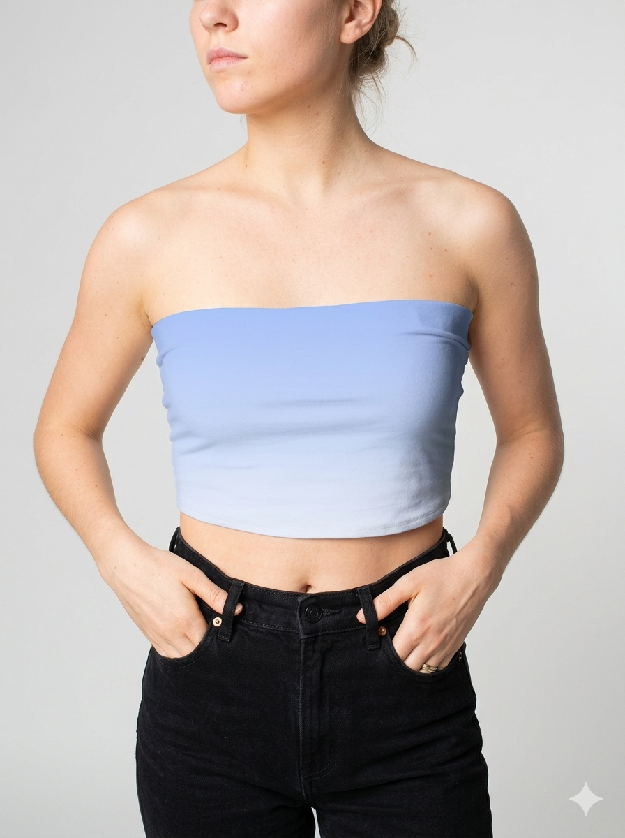 A minimalist strapless tube top in a soft pastel blue with a smooth, clean, and understated design.