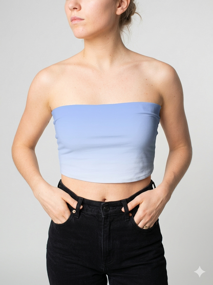 A minimalist strapless tube top in a soft pastel blue with a smooth, clean, and understated design.