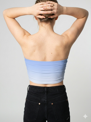 A minimalist strapless tube top in a soft pastel blue with a smooth, clean, and understated design.