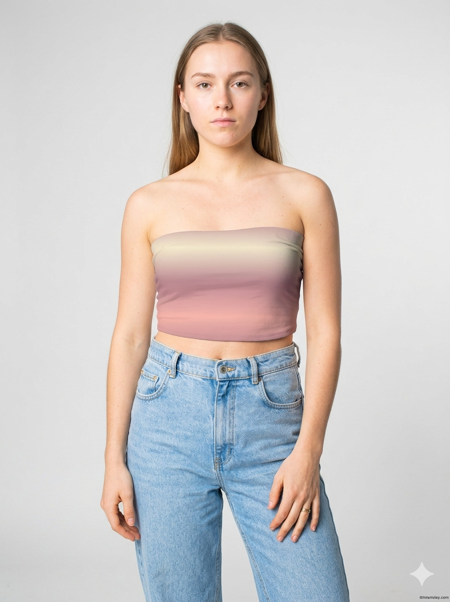 A strapless tube top featuring a soft horizontal gradient blending beige, blush pink, and muted rose tones for a subtle, dreamy look.