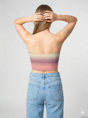 A strapless tube top featuring a soft horizontal gradient blending beige, blush pink, and muted rose tones for a subtle, dreamy look.