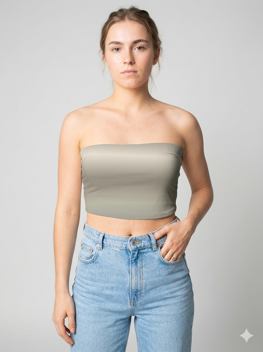 A minimalist strapless tube top in a smooth solid taupe shade with a clean, understated design.