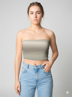 A minimalist strapless tube top in a smooth solid taupe shade with a clean, understated design.