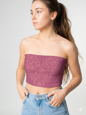 A mauve strapless tube top featuring a delicate light line-art floral arrangement forming a soft heart-like shape across the front.