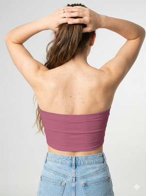 A mauve strapless tube top featuring a delicate light line-art floral arrangement forming a soft heart-like shape across the front.