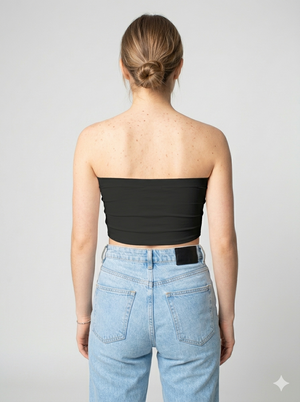 A minimalist strapless tube top in a classic solid black with a smooth, clean, and timeless finish.