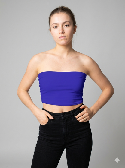A minimalist strapless tube top in a bold cobalt blue with a smooth, clean, and striking finish.