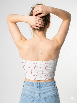 A white strapless tube top featuring a delicate scattered pattern of small dusty pink abstract petal-like shapes for a soft, minimalist look.
