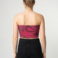 A strapless tube top featuring a bold, full-coverage red rose print with rich, vibrant tones for a dramatic floral look.