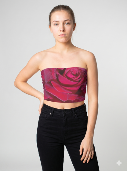 A strapless tube top featuring a bold, full-coverage red rose print with rich, vibrant tones for a dramatic floral look.