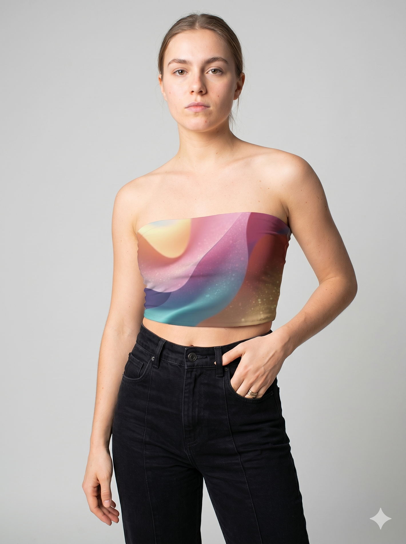 A strapless tube top featuring a dreamy abstract swirl of soft pastel gradients with subtle sparkly accents for a vibrant, artistic look.