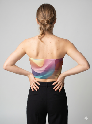 A strapless tube top featuring a dreamy abstract swirl of soft pastel gradients with subtle sparkly accents for a vibrant, artistic look.