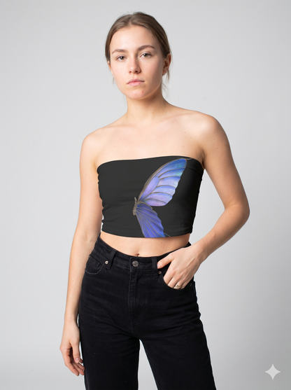 A black strapless tube top featuring a striking oversized blue butterfly wing graphic for a bold, artistic look.