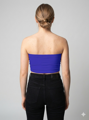 A minimalist strapless tube top in a bold cobalt blue with a smooth, clean, and striking finish.