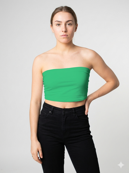 A minimalist strapless tube top in a bright solid green with a smooth, clean, and fresh finish.