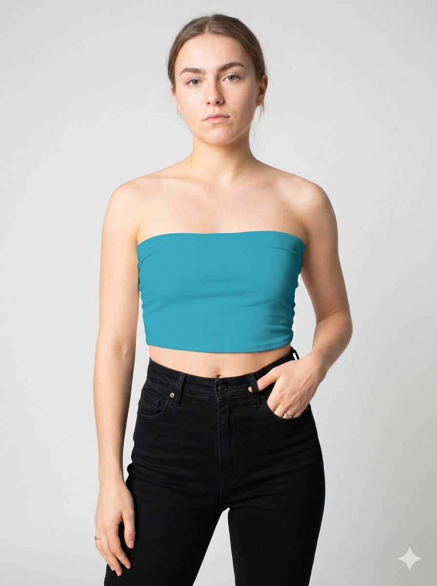A minimalist strapless tube top in a vibrant teal blue with a smooth, clean, and modern finish.