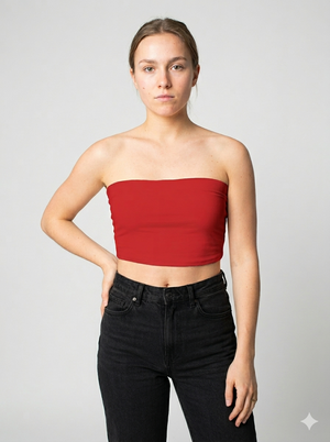 A minimalist strapless tube top in a bold solid red with a smooth, clean, and striking finish.