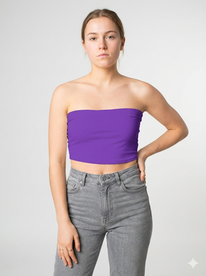 A minimalist strapless tube top in a vibrant purple hue with a smooth, clean, and bold finish.