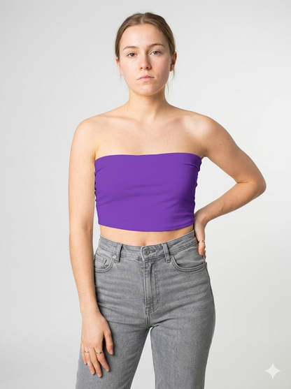 A minimalist strapless tube top in a vibrant purple hue with a smooth, clean, and bold finish.