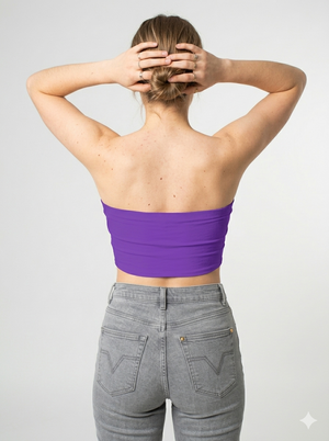 A minimalist strapless tube top in a vibrant purple hue with a smooth, clean, and bold finish.