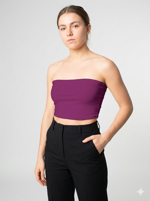 A minimalist strapless tube top in a rich magenta-purple shade with a smooth, clean, and bold finish.