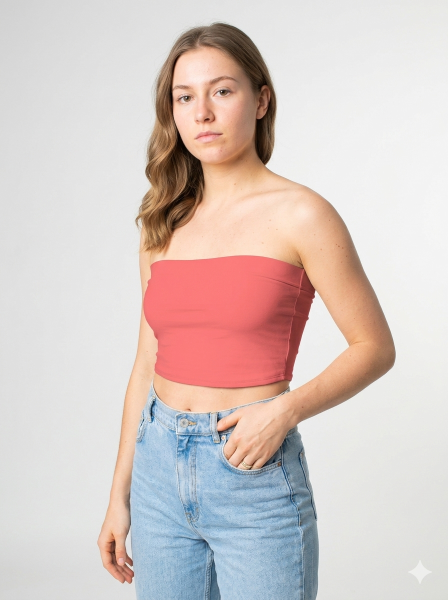 A minimalist strapless tube top in a soft coral pink with a smooth, clean, and vibrant finish.